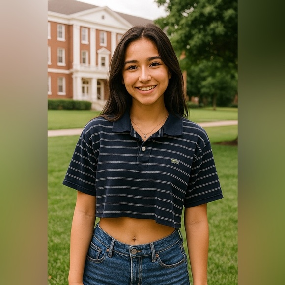 vintage Lacoste cropped polo shirt woman’s blue and white Top size large - Picture 9 of 10